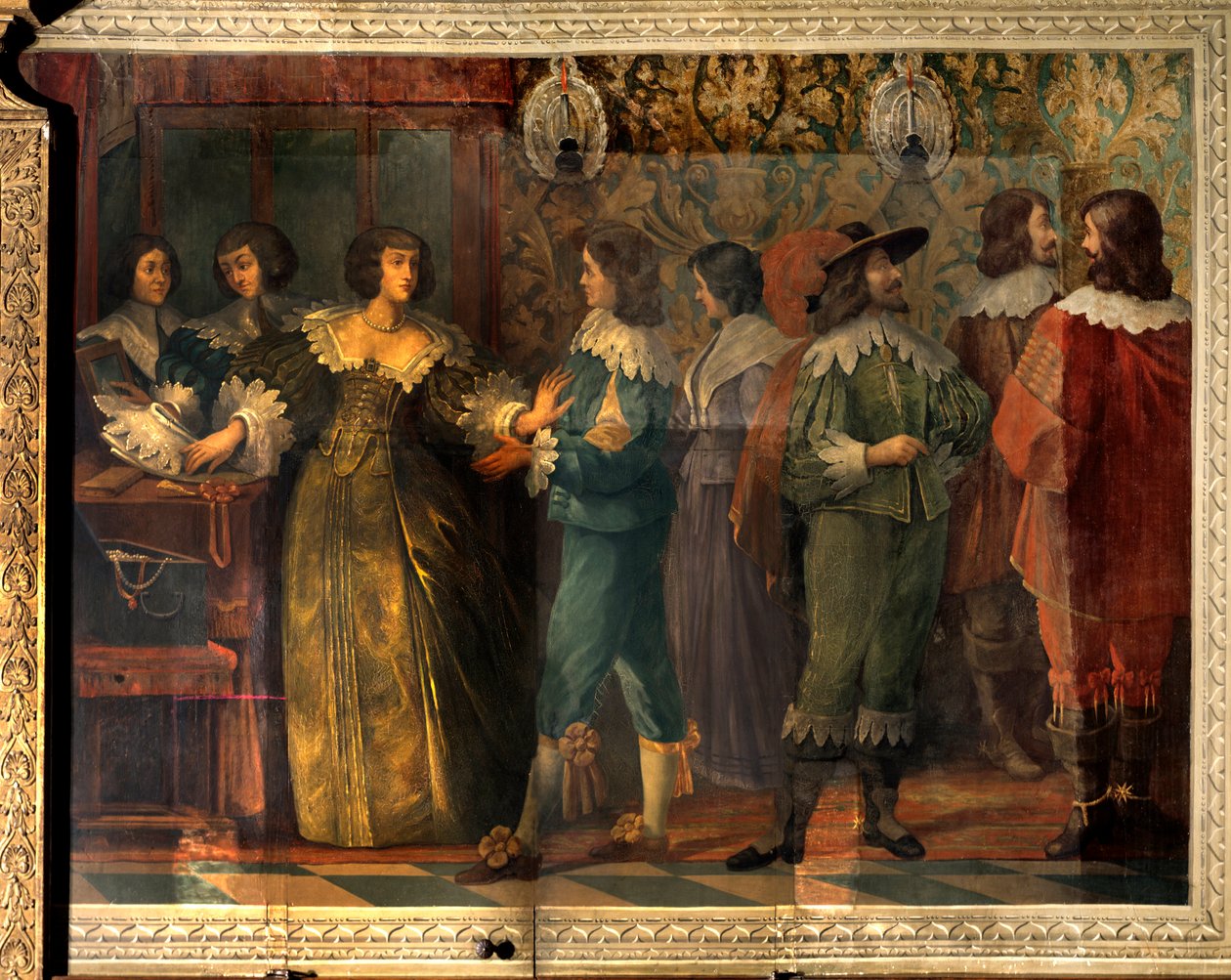 Scena z życia Karola de Valois (1573-1650), księcia Angouleme - Scena przyjęciowa wydana z okazji ślubu Karola de Valois z jego drugą żoną w 1644 roku - Kobieta, do której podeszła kurtyzana, porywa się, by ją postawić kołnierz - Fresco by Abrah autorstwa Abraham (after) Bosse
