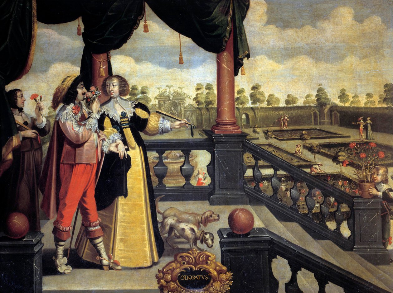 Pięć zmysłów: zapach Para szlachciców przed ogrodem, mężczyzna wącha bukiet kwiatów. Obraz Abrahama Bosse (1602-1674) XVII wiek. Wycieczki, Muzeum Sztuk Pięknych autorstwa Abraham (after) Bosse