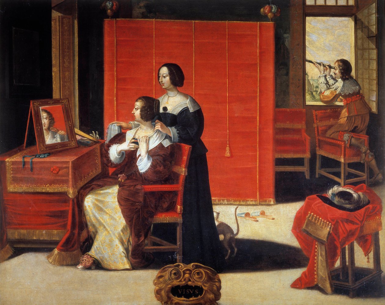 Pięć zmysłów: widok Młoda kobieta przed lustrem, podczas gdy mężczyzna używa astronomicznej lunety. Obraz Abrahama Bosse (1602-1676). XVII wiek. Wycieczki, Muzeum Sztuk Pięknych autorstwa Abraham (after) Bosse