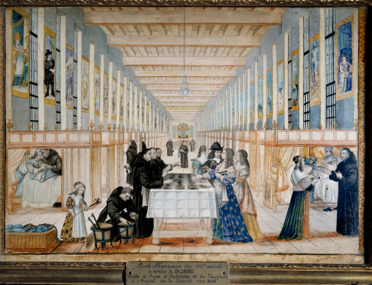 Widok na infirmerię Charite (szpital charytatywny zwany także szpitalem Bros Saint-Jean-de-Dieu), w Paryżu, podczas wizyty Anny Austriaczki (1601-1666), infante Hiszpanii, królowej Francji i Nawarry reprezentantem jest również przyszły król delfin Ludwik X autorstwa Abraham (after) Bosse