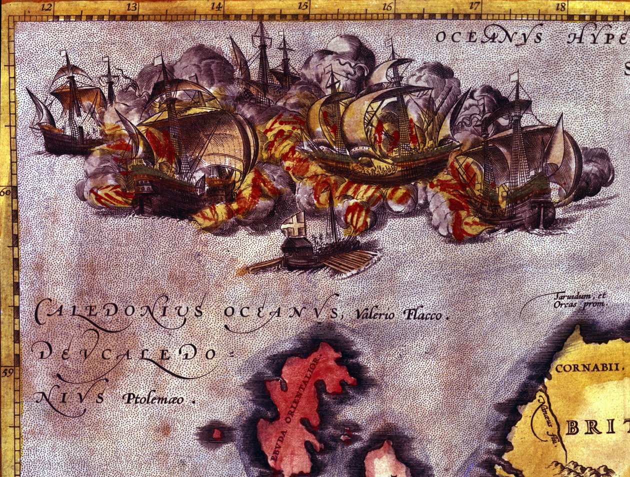 Koniec Niezwyciężonej Armady Szkocji. Według Atlasu Abrahama Orteliusa, Antwerpia autorstwa Abraham (after) Ortelius