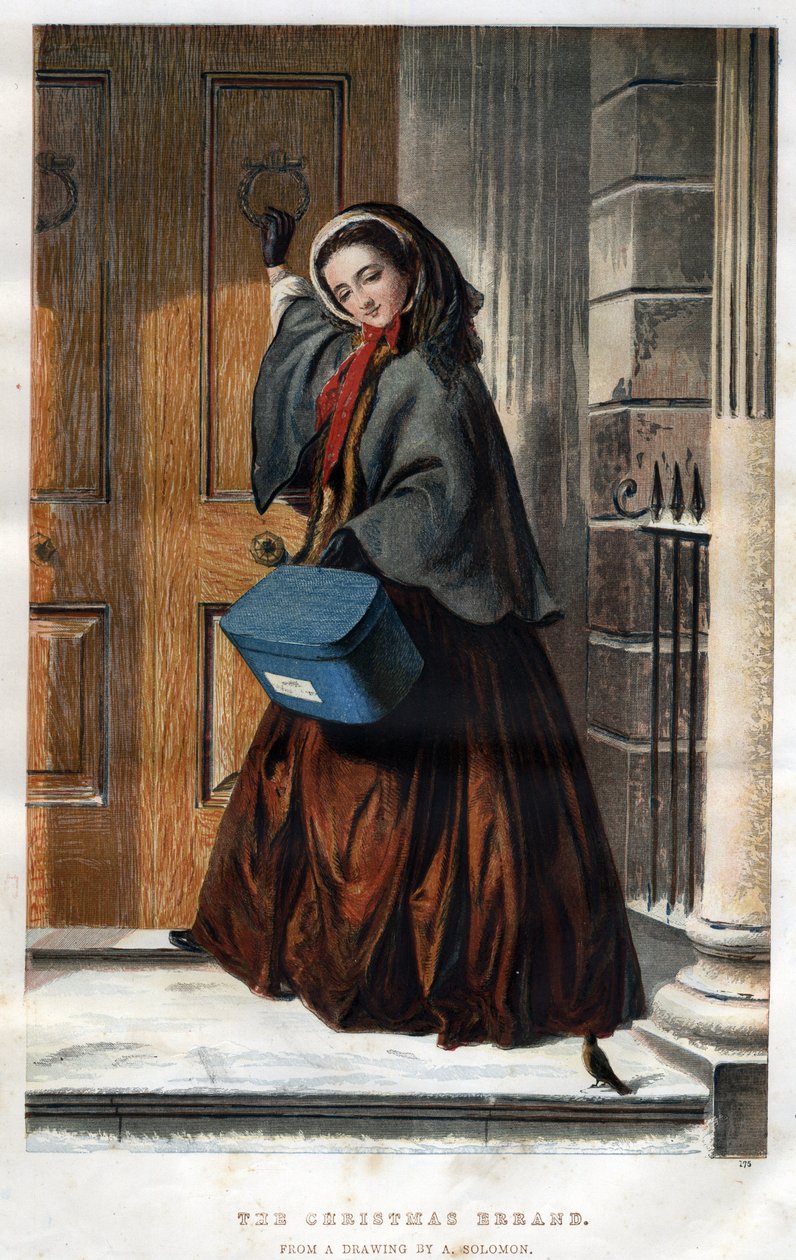 Gonitwy bożonarodzeniowe: do drzwi domu puka elegancka młoda kobieta z paczką w ręku, ilustracja z rysunku Abrahama Solomona (1824-1862) autorstwa Abraham (after) Solomon
