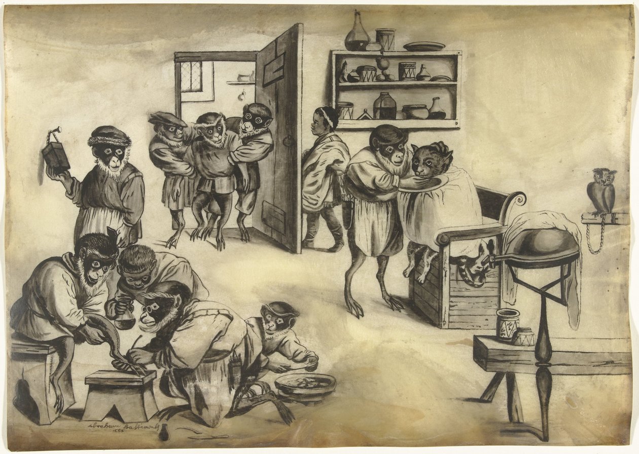 Fryzjer z małpami, ok. 1720 autorstwa Abraham Bastiaensz.