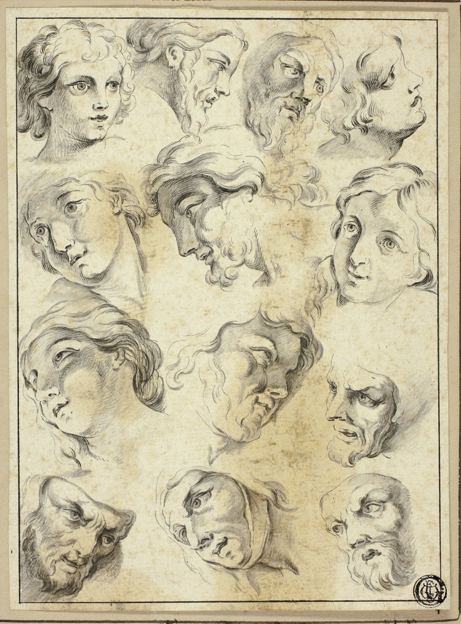 13 szkiców różnych twarzy autorstwa Abraham Bloemaert