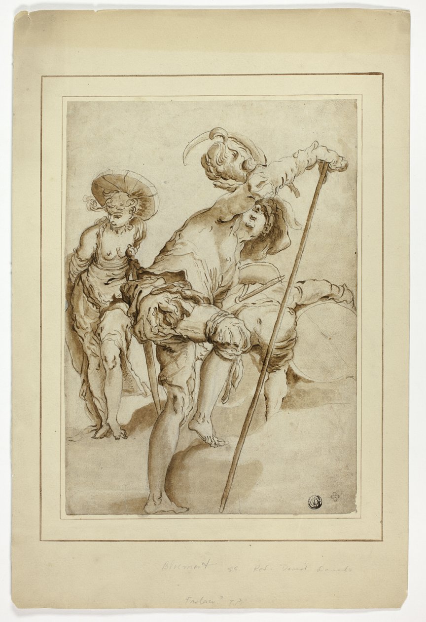 Stojący żołnierz, stojąca kobieta i pochylony perkusista autorstwa Abraham Bloemaert