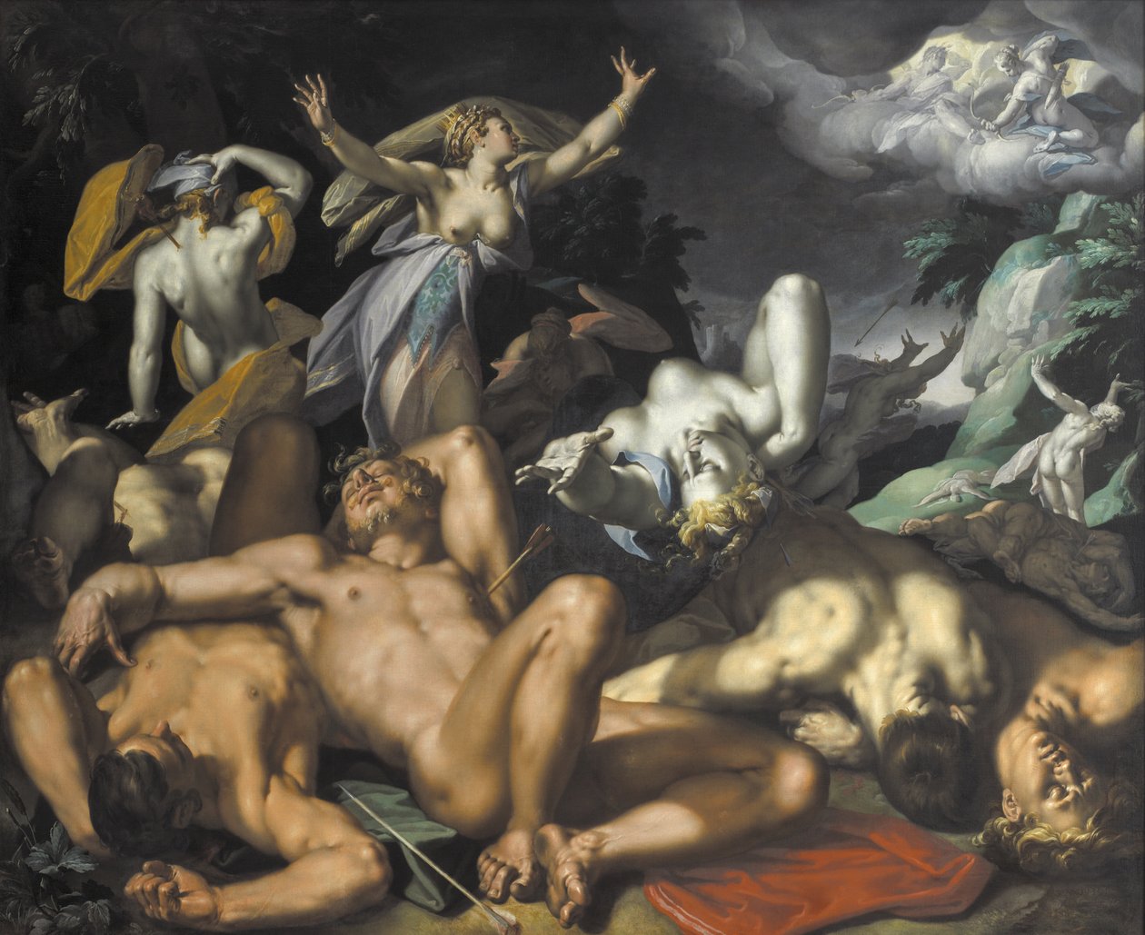 Apollo i Diana karzą Niobe, zabijając jej dzieci autorstwa Abraham Bloemaert