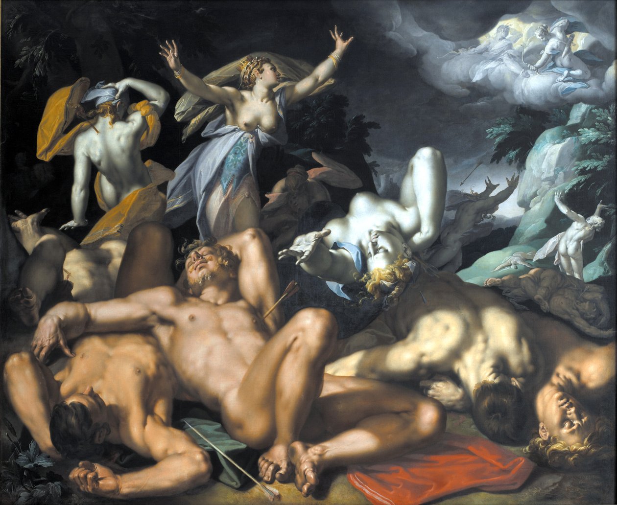 Duński: Apollo i Diana karzą Niobe zabijając jej dzieci Apollo i Diana karzą Niobe zabijając jej dzieci autorstwa Abraham Bloemaert