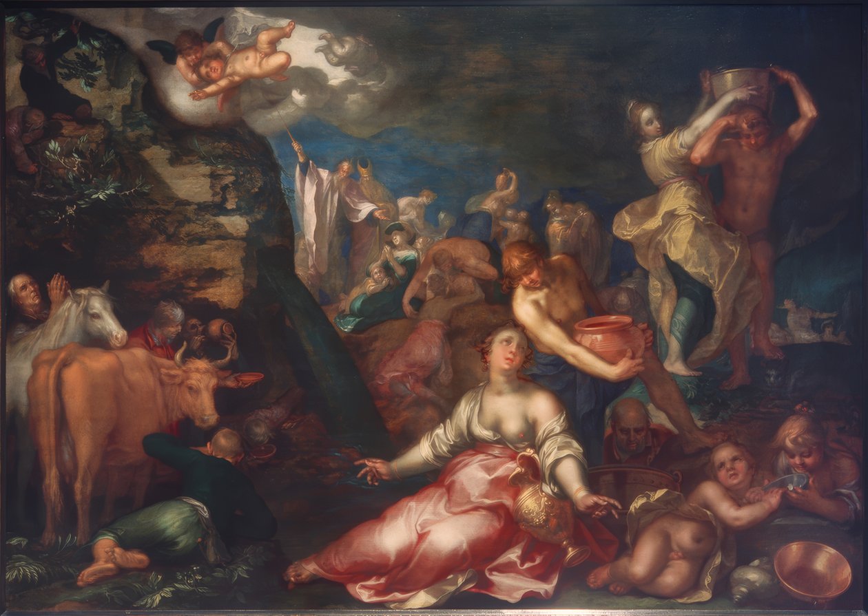 Mojżesz wybija wodę ze skały, autorstwa Abraham Bloemaert