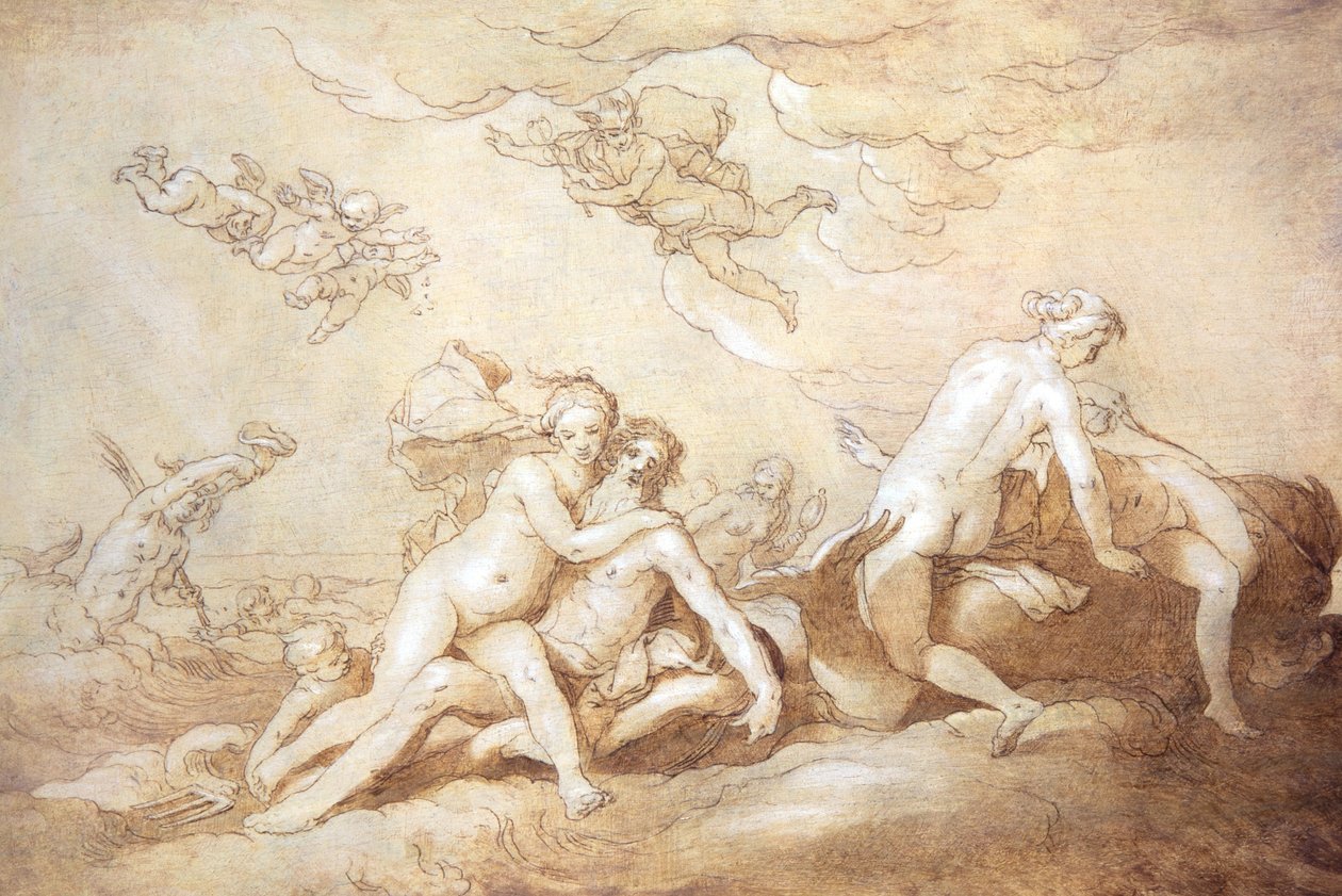 Neptun i Amfitryta (pióro i tusz) autorstwa Abraham Bloemaert