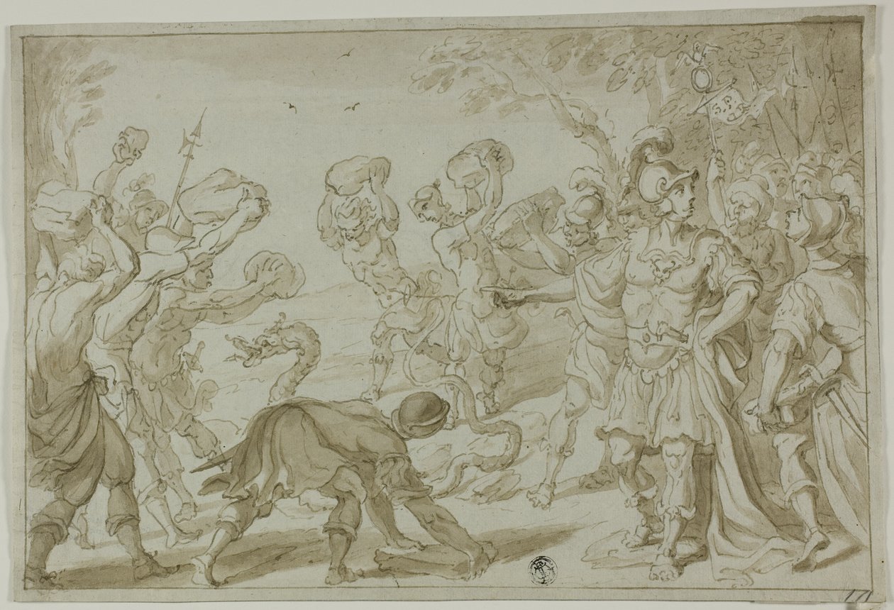 Żołnierze rzymscy ukamienują węża autorstwa Abraham Bloemaert