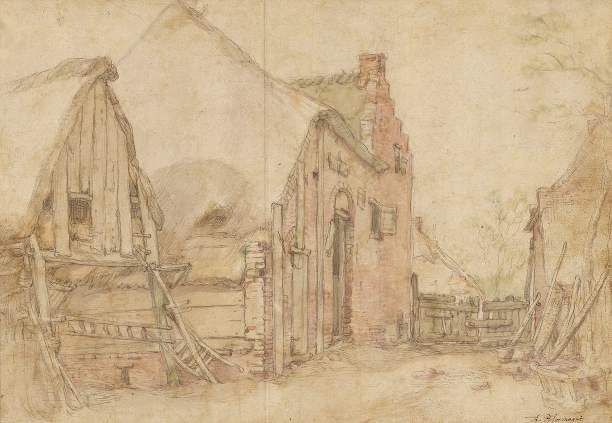 Widok na dziedziniec gospodarstwa (recto); Studium drzewa (verso) autorstwa Abraham Bloemaert