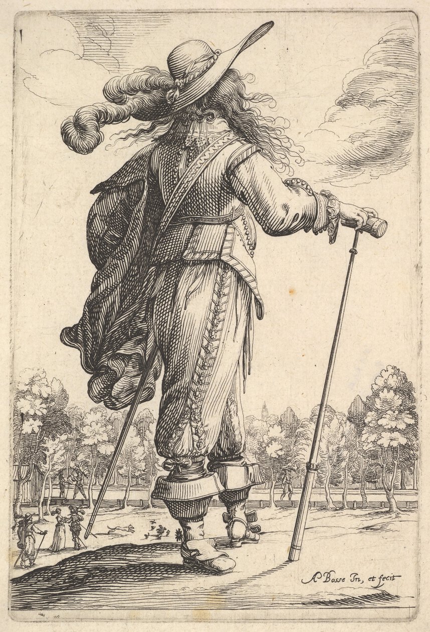 Pan widziany z tyłu, idący w prawo z laską i ubrany w pióropusz…, 1629. autorstwa Abraham Bosse