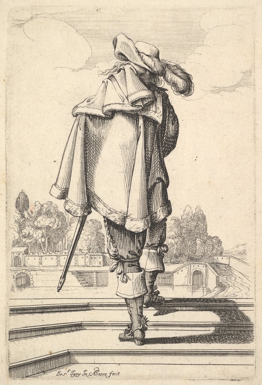 Pan widziany od tyłu, idący po parapecie, z płaszczem na lewym ramieniu..., 1629. autorstwa Abraham Bosse