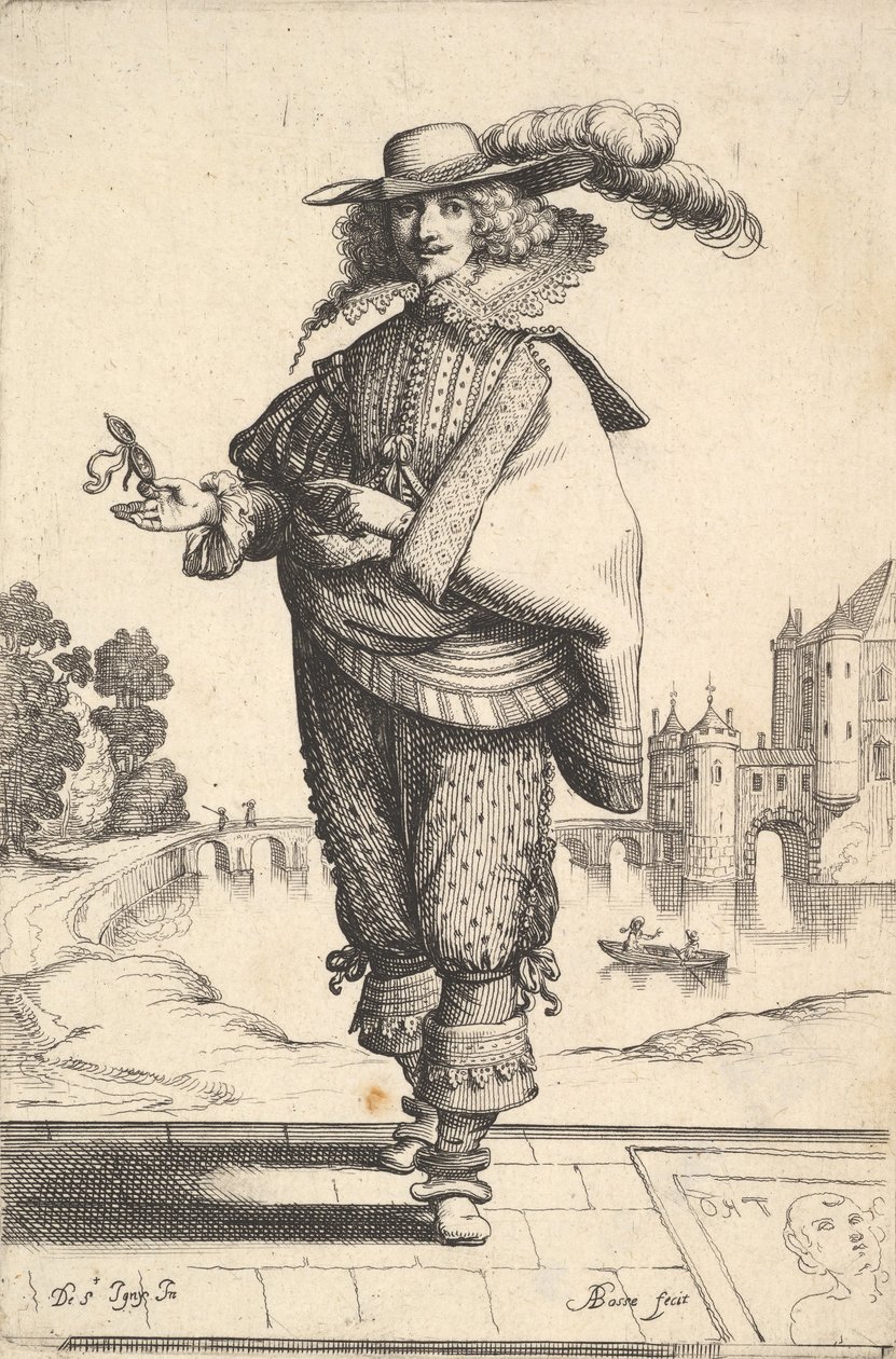 Pan stojący przed dużym zamkiem w kapeluszu z pióropuszem i koronkowym kołnierzu..., 1629. autorstwa Abraham Bosse