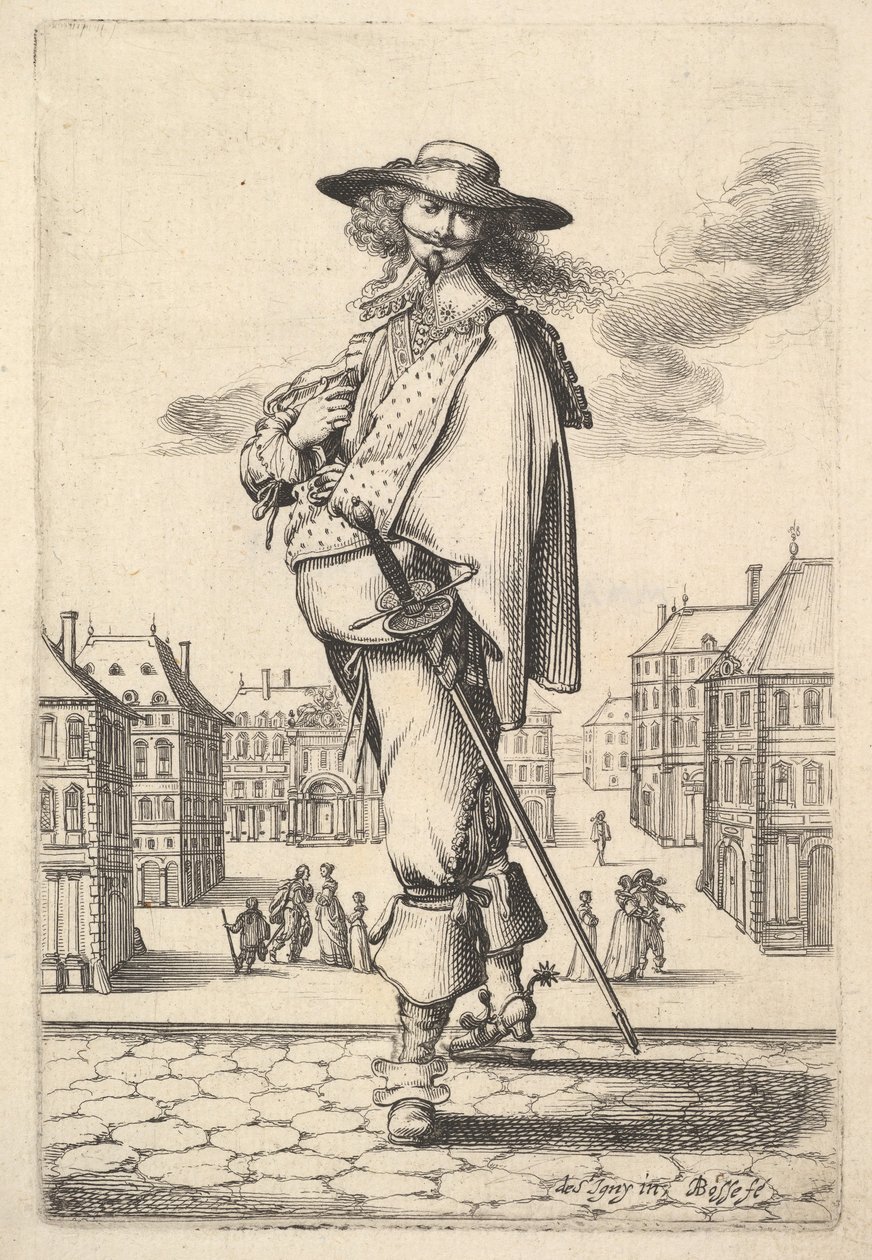 Pan, skręcony o trzy czwarte w lewo, w kapeluszu i butach z ostrogami, nosi..., 1629. autorstwa Abraham Bosse