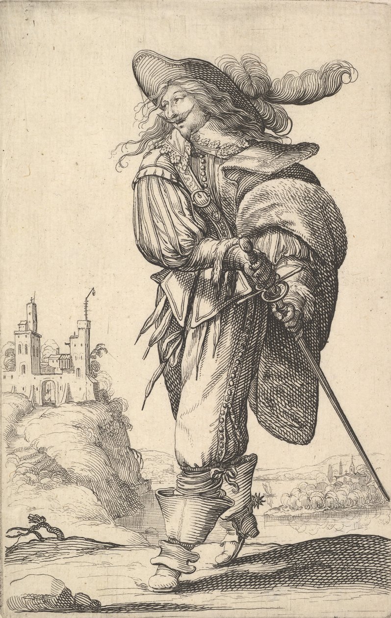 Pan idący w lewo i dobywający miecza z pochwy, ubrany w plu..., 1629. autorstwa Abraham Bosse