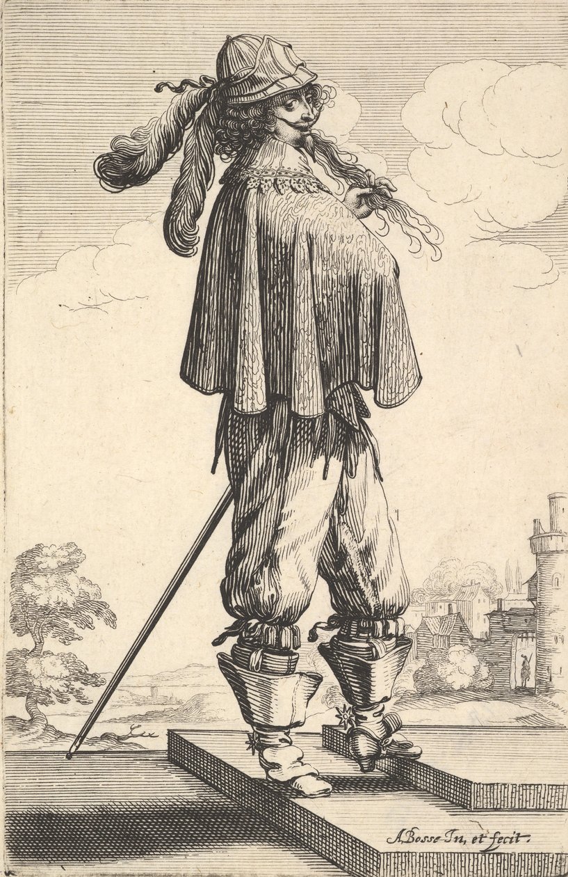 Pan w krótkim płaszczu, hełmie i butach z ostrogami, stojący na stopniach i..., 1629. autorstwa Abraham Bosse