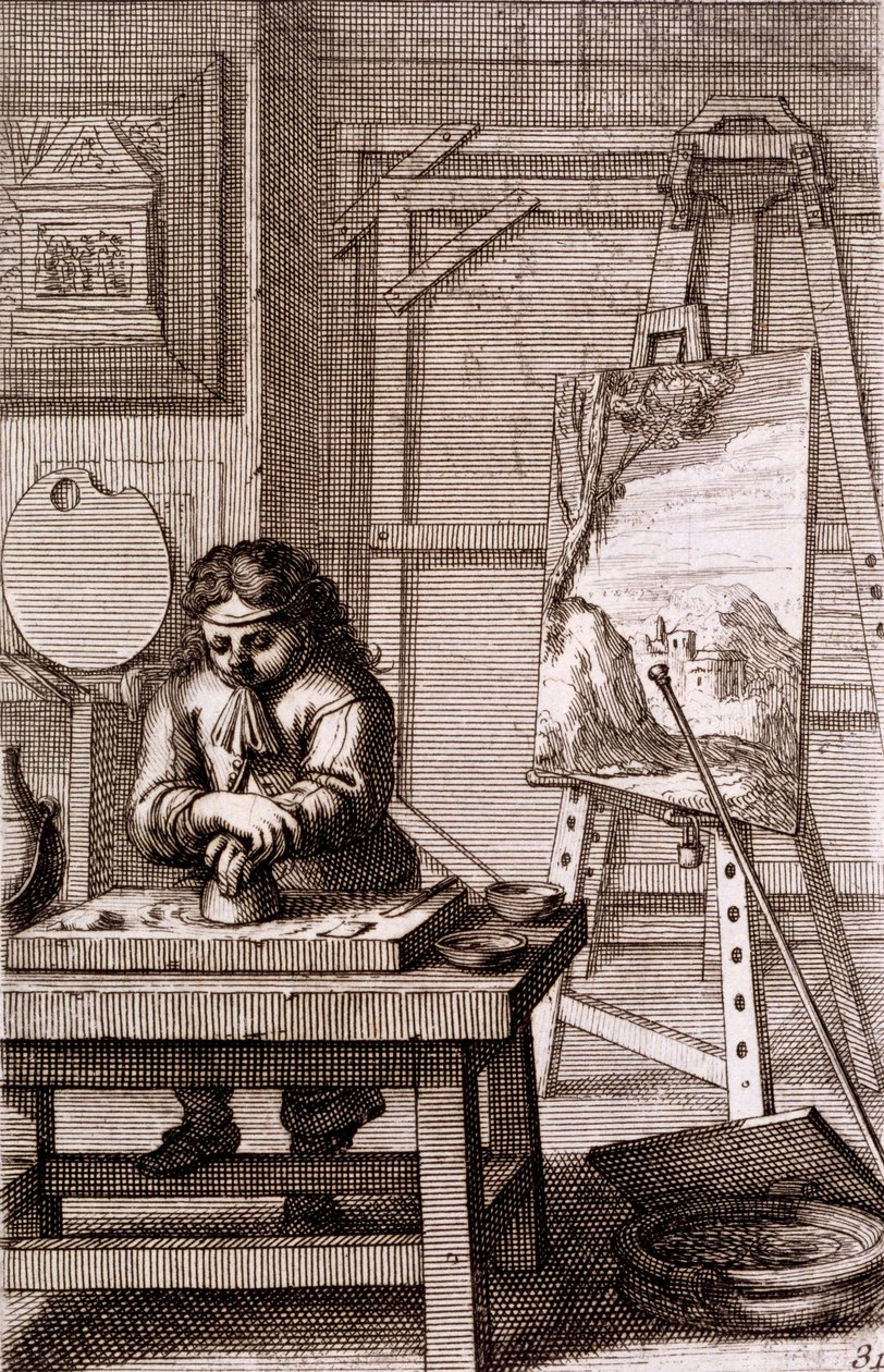 Uczeń artysty czyszczący płytę do grawerowania, z „Recueil de Figures...”, 1737 autorstwa Abraham Bosse