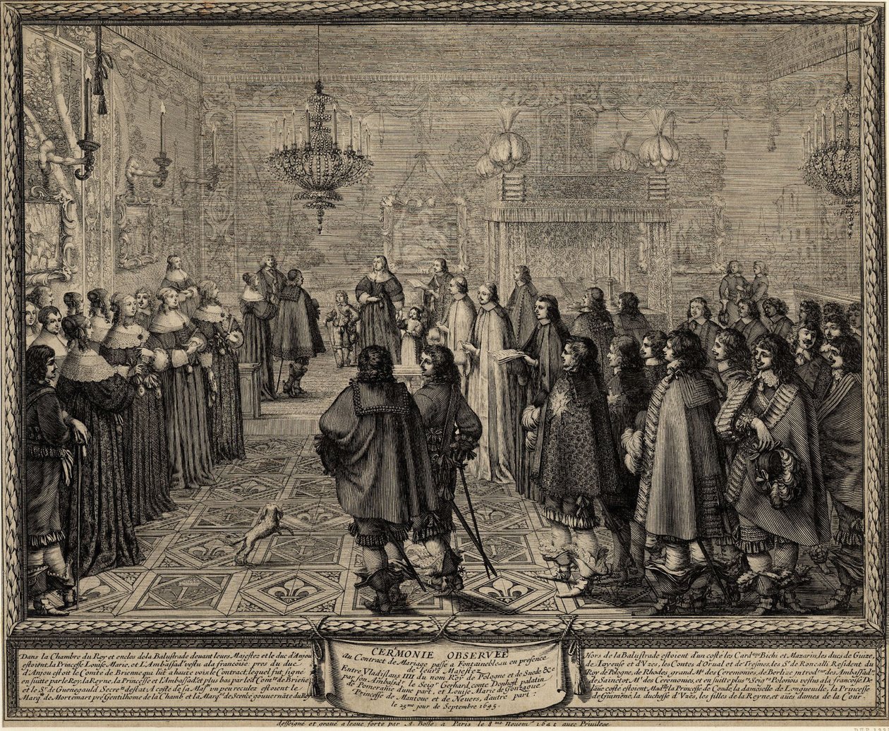 Ceremonia zawarcia umowy małżeńskiej między Władysławem IV królem polskim a Marią Ludwiką Gonzagą. autorstwa Abraham Bosse