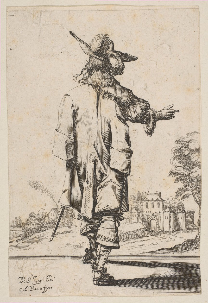 Dżentelmen widziany z tyłu wskazujący na zamek, 1629. autorstwa Abraham Bosse