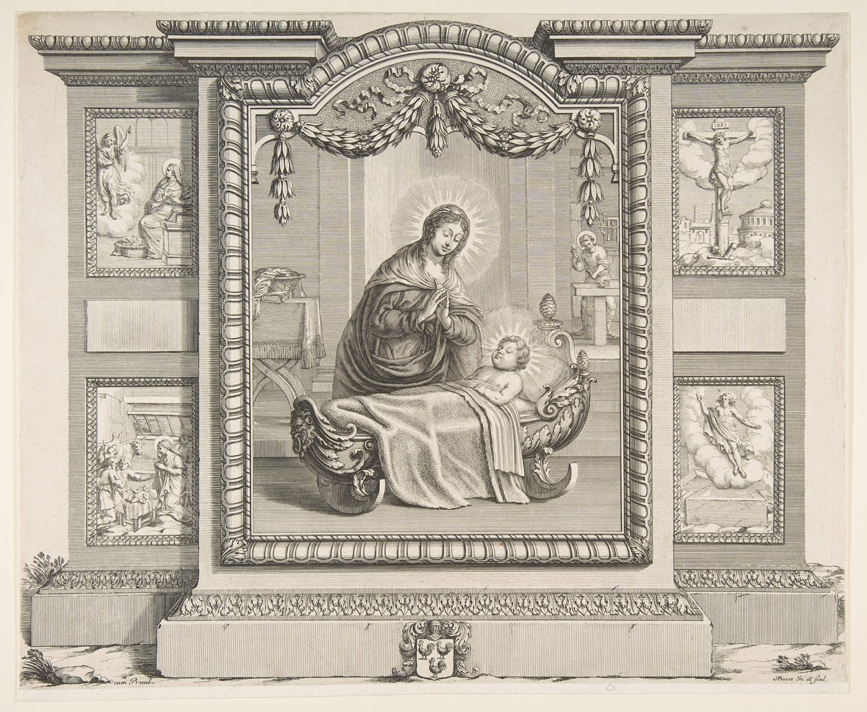 Narodzenia Pańskiego ze scenami Zwiastowania, Adoracji pasterzy, Krucy..., 1620-76. autorstwa Abraham Bosse