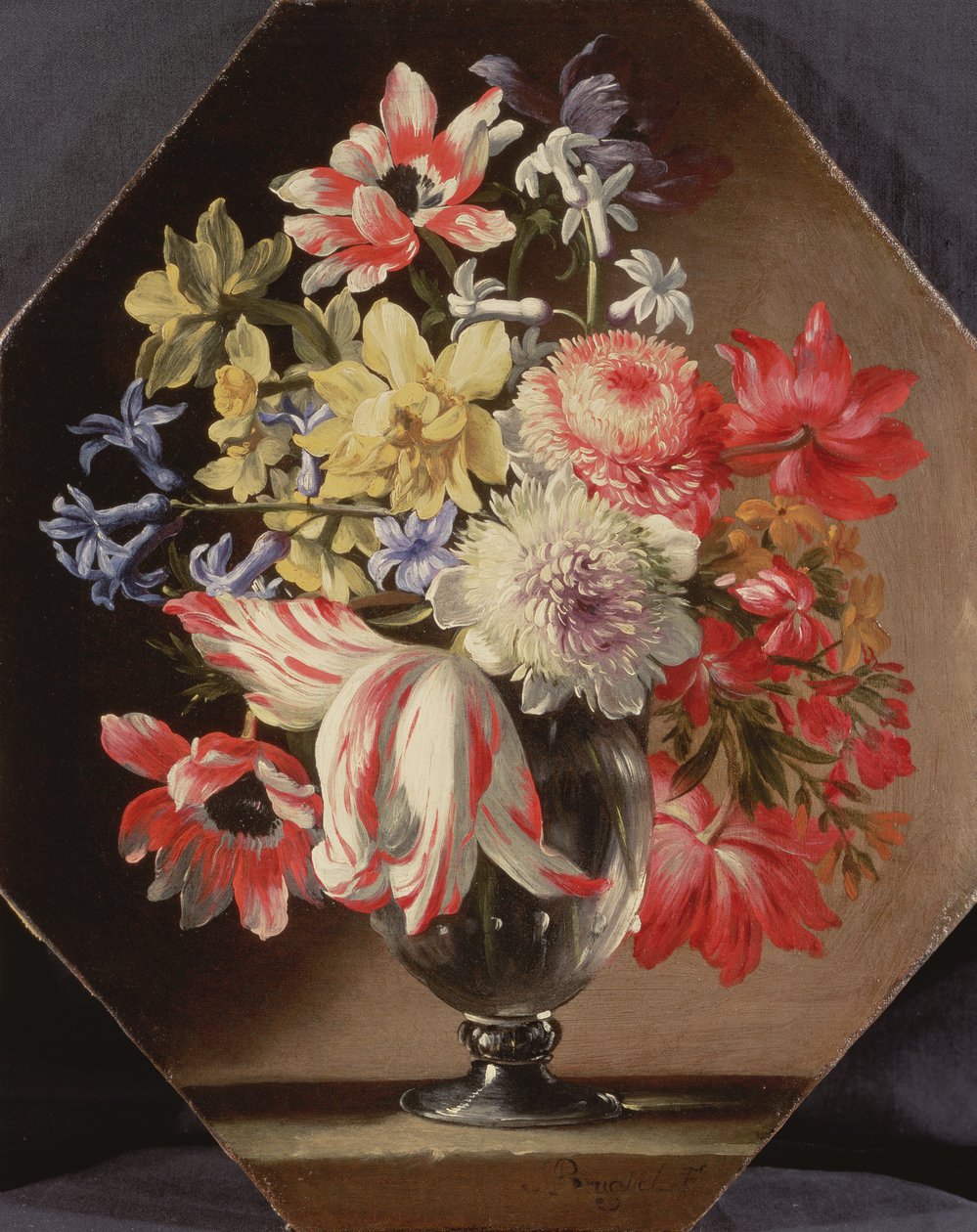 Szklany wazon z kwiatami na kamiennym gzymsie zawierający tulipany, chryzantemy, róże i dzwonki autorstwa Abraham Brueghel