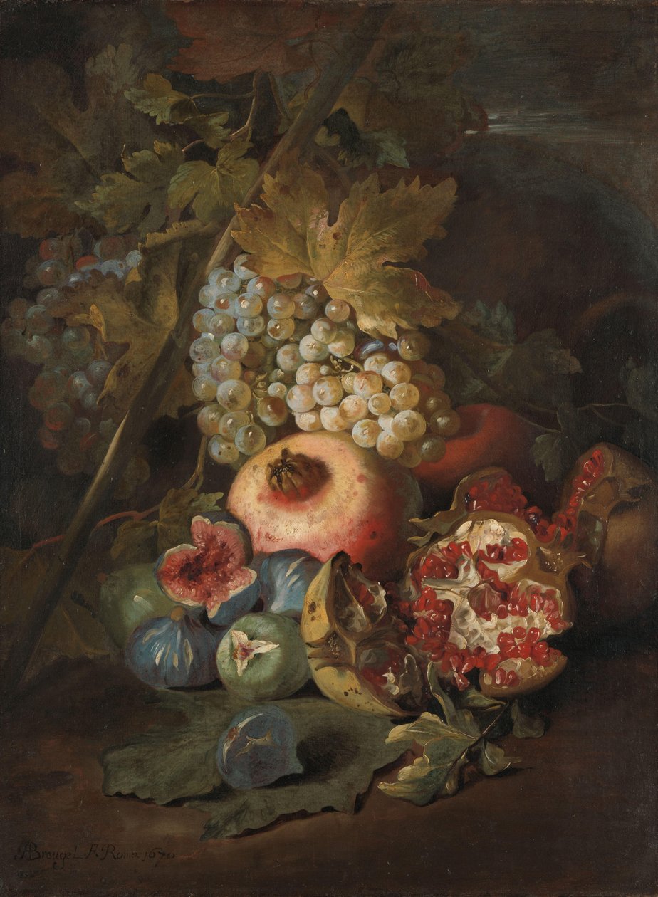 Kiście winogron, granaty i figi w krajobrazie autorstwa Abraham Brueghel