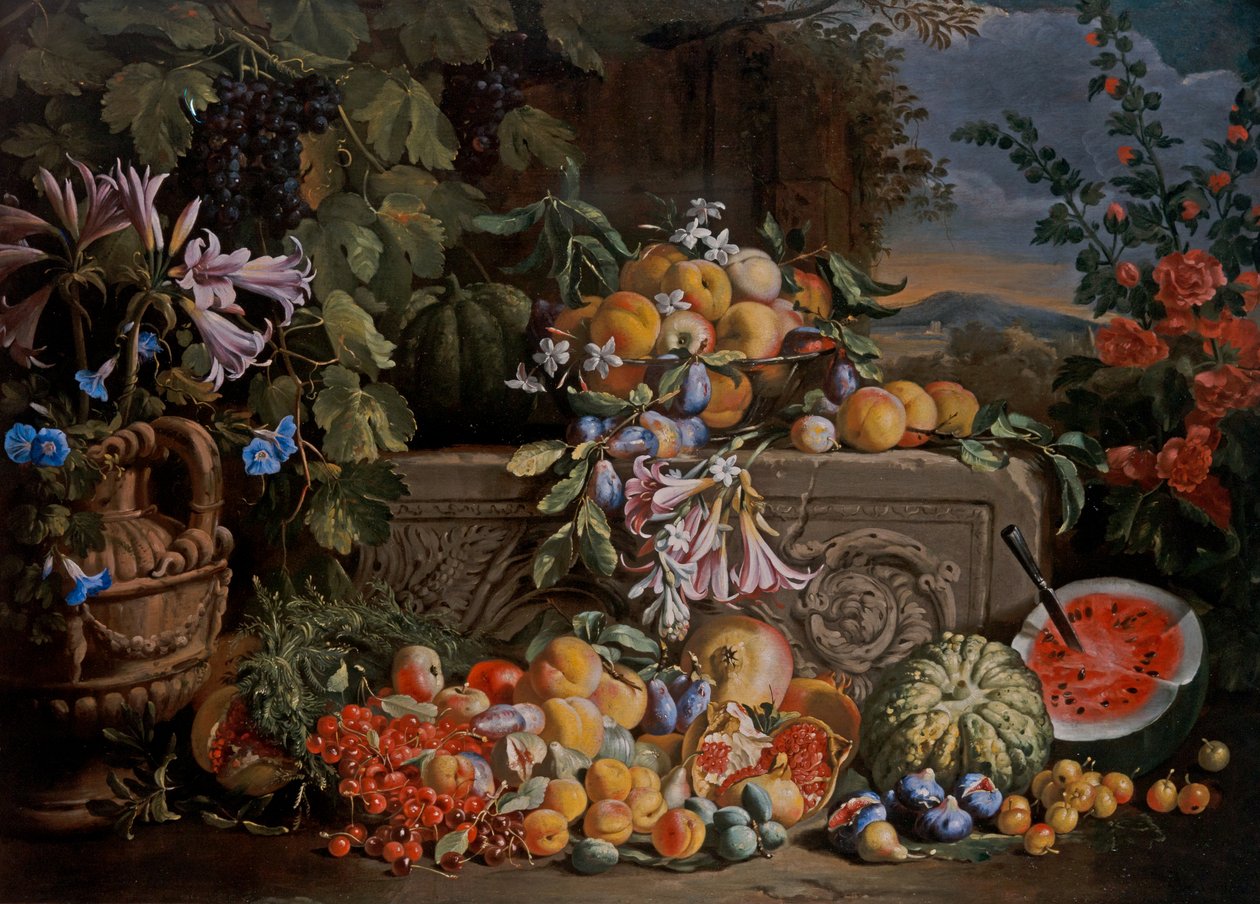 Martwa natura z wiśniami, arbuzem, brzoskwiniami, morelami, śliwkami, granatami i figurkami autorstwa Abraham Brueghel
