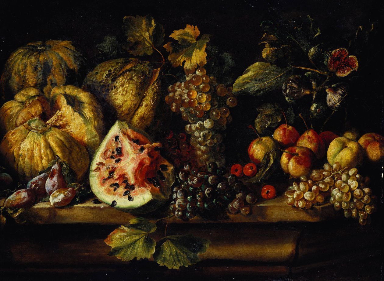 Martwa natura z arbuza, winogron, śliwek, brzoskwiń, wiśni i innych owoców na półce autorstwa Abraham Brueghel