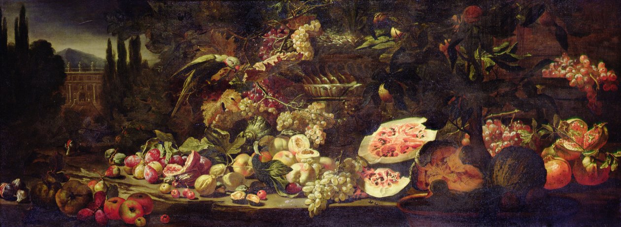 Martwa natura z owoców z zieloną papugą i srebrnym wazonem autorstwa Abraham Brueghel