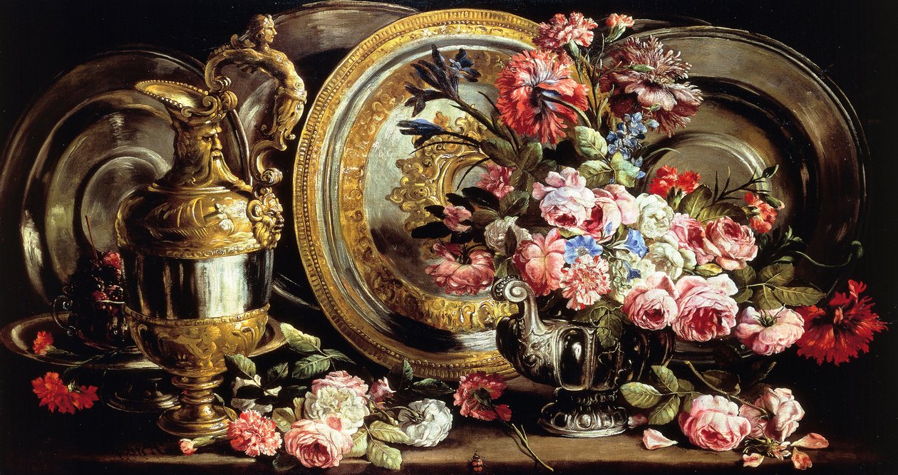 Martwa natura ze srebrem i kwiatami, autorstwa Abrahama Brueghela (1631-1697), olej na desce autorstwa Abraham Brueghel