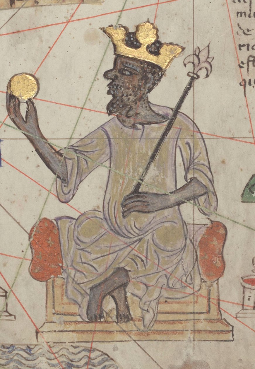 Fragment katalońskiego Atlasu, arkusz 6, przedstawiający intronizowany Mansa Musa, 1375 r autorstwa Abraham Cresques