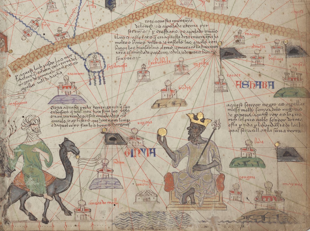 Szczegół z katalońskiego Atlasu, arkusz 6, przedstawiający Saharę Zachodnią i Mansa Musa, 1375 autorstwa Abraham Cresques