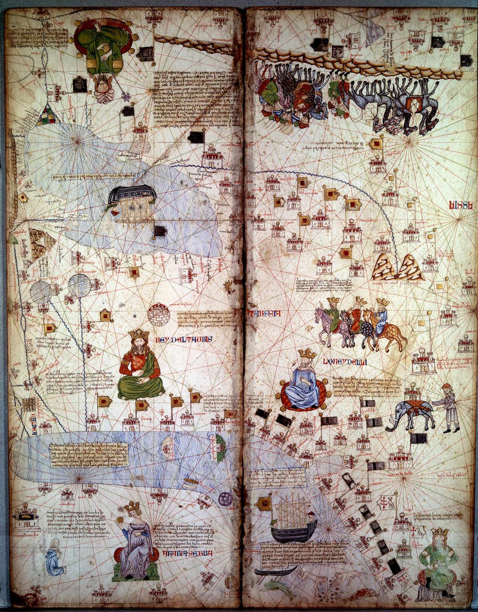 Mapowanie: Mapa starożytnej nazwy Cathay (Catai) mongolskich Chin w Azji Środkowej i Europie. Są to: Delhi (Indie), z Morzem Aralskim, Wołgą, Morzem Kaspijskim, Kaukazem, Eufratem, Półwyspem Arabskim oraz miastami Dehli (Indie) (z t autorstwa Abraham Cresques
