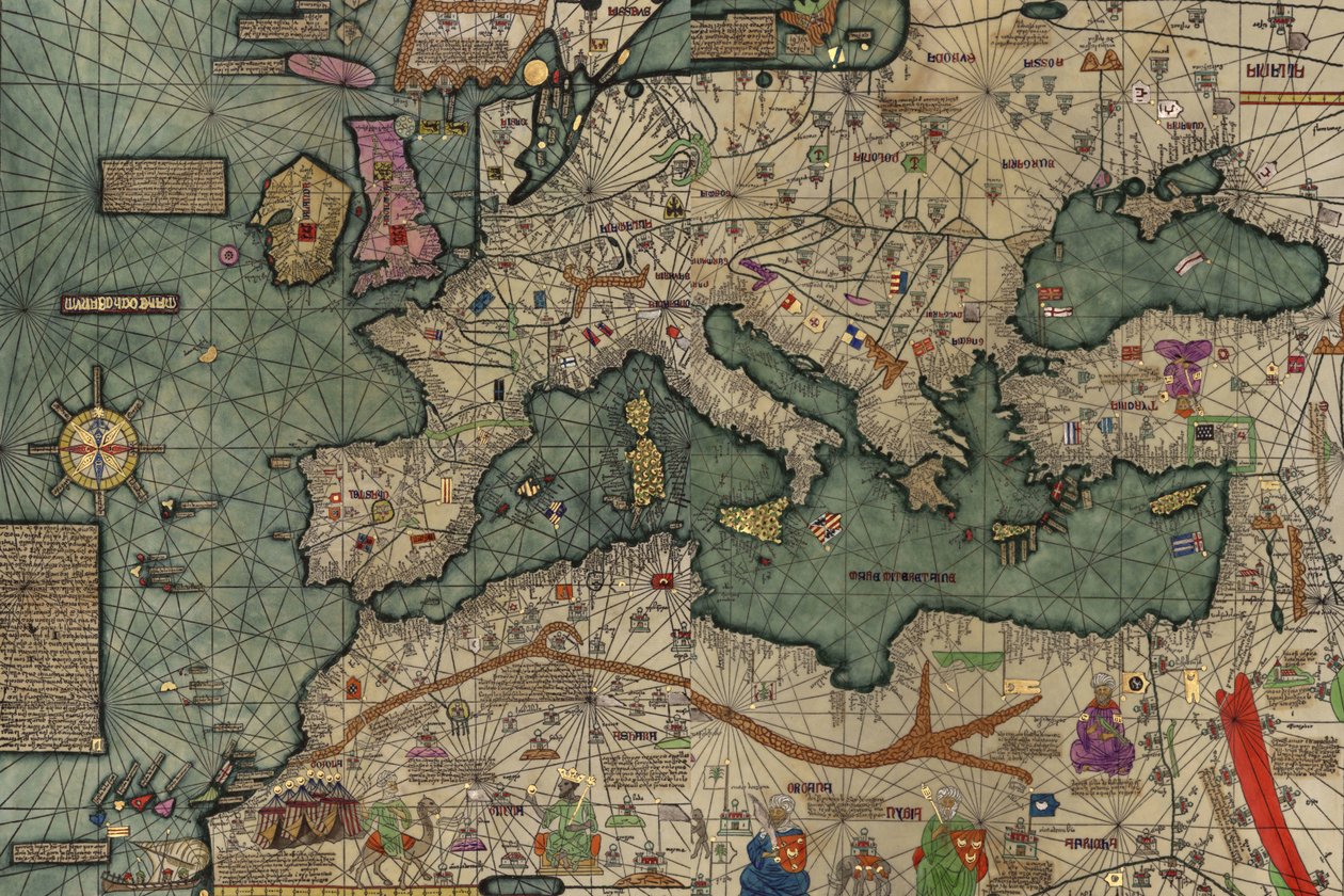 Afryka Północna, Europa i Bliski Wschód z katalońskiego Atlasu autorstwa Abraham Cresques