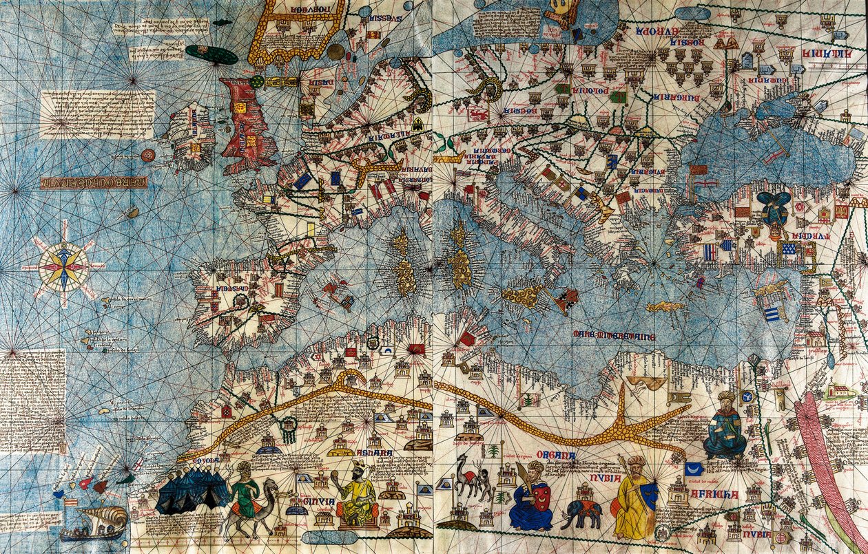 Katalońska mapa kontynentu europejskiego z Atlantykiem i Morzem Śródziemnym autorstwa Abraham and Cresques Jehuda Cresques