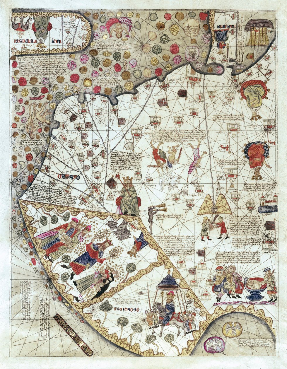 Mapa Chin (Cathay), z opisami małych scen, wytyczenie królestw z reprezentowanym za każdym razem władcą autorstwa Abraham and Cresques Jehuda Cresques