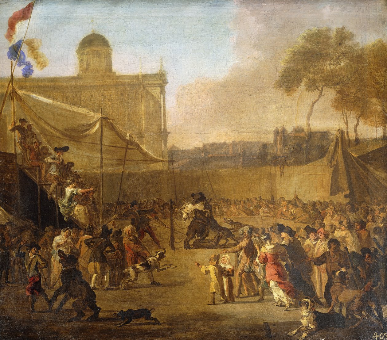 Tłum obserwujący nęcenie niedźwiedzi na Rynku, autorstwa Abraham Danielsz. Hondius