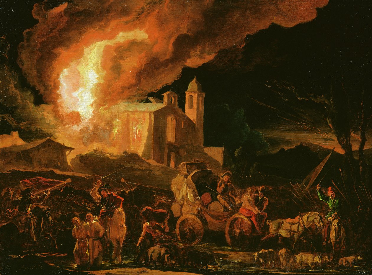 Żołnierze plądrują płonący klasztor (olej na desce) autorstwa Abraham Danielsz. Hondius
