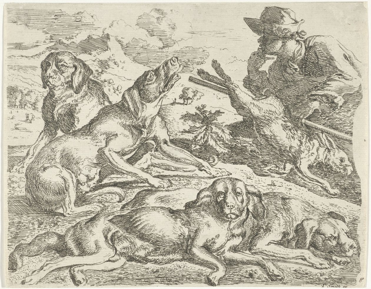Cztery psy, myśliwy i zając autorstwa Abraham Danielsz. Hondius