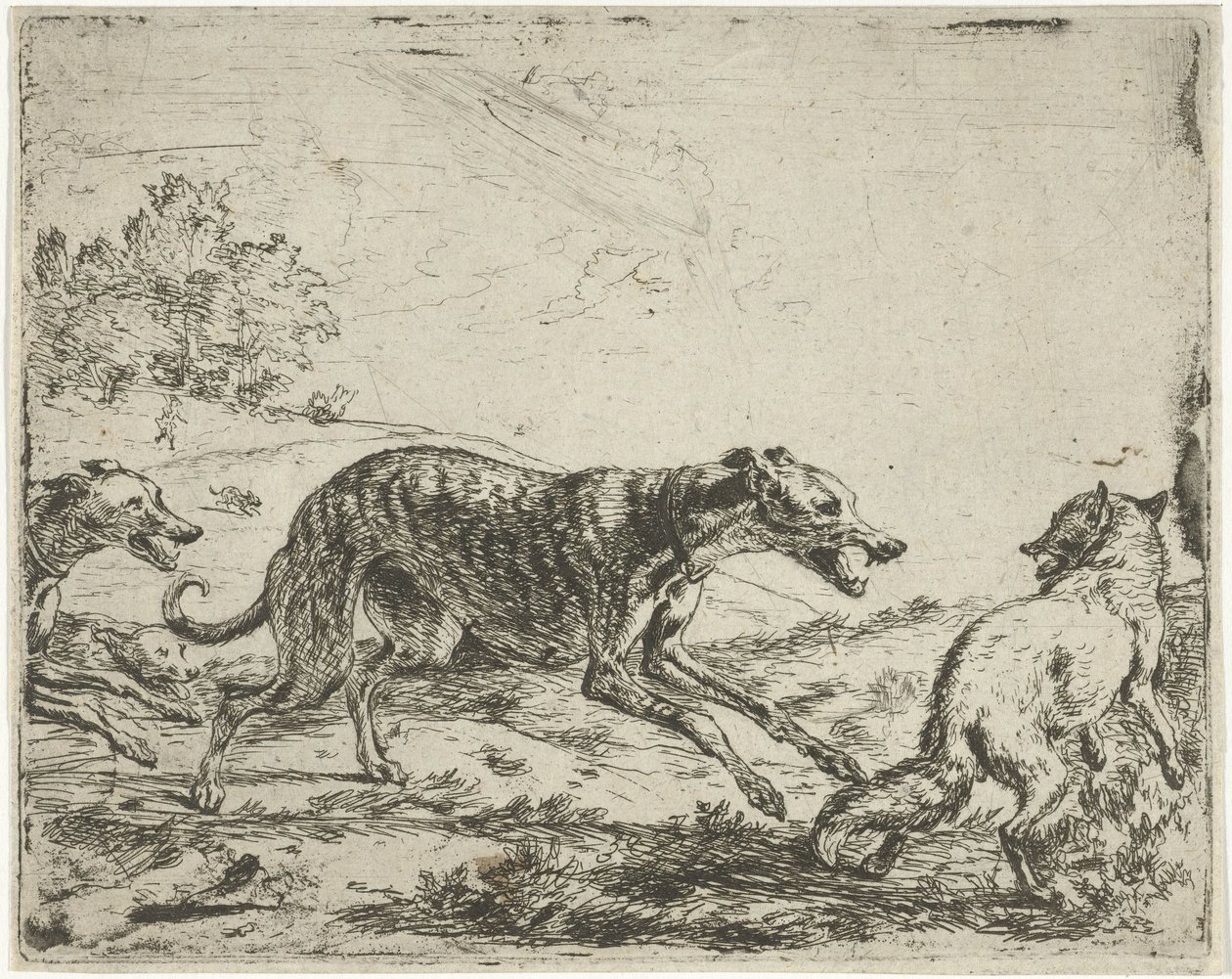 Lis i trzy psy autorstwa Abraham Danielsz. Hondius