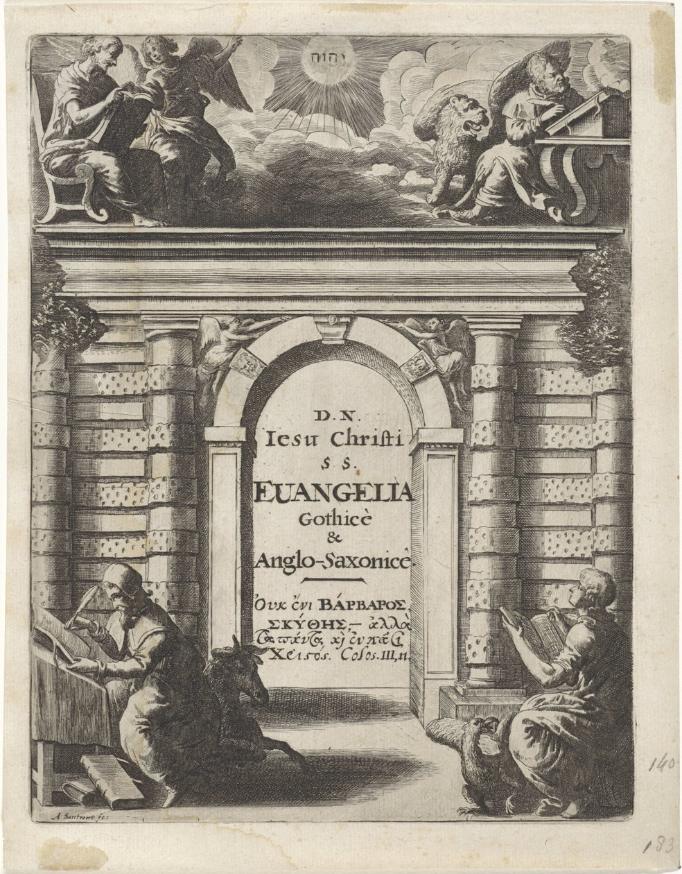 Czterech ewangelistów wokół bramy Strona tytułowa dla: Junius, Franciscus i Marshall, Thomas. Quatuor D.N. Jesu Christi S.S. Evangelia Gothicè & Anglo-Saxonicè, 1665 r autorstwa Abraham Dircksz. Santvoort