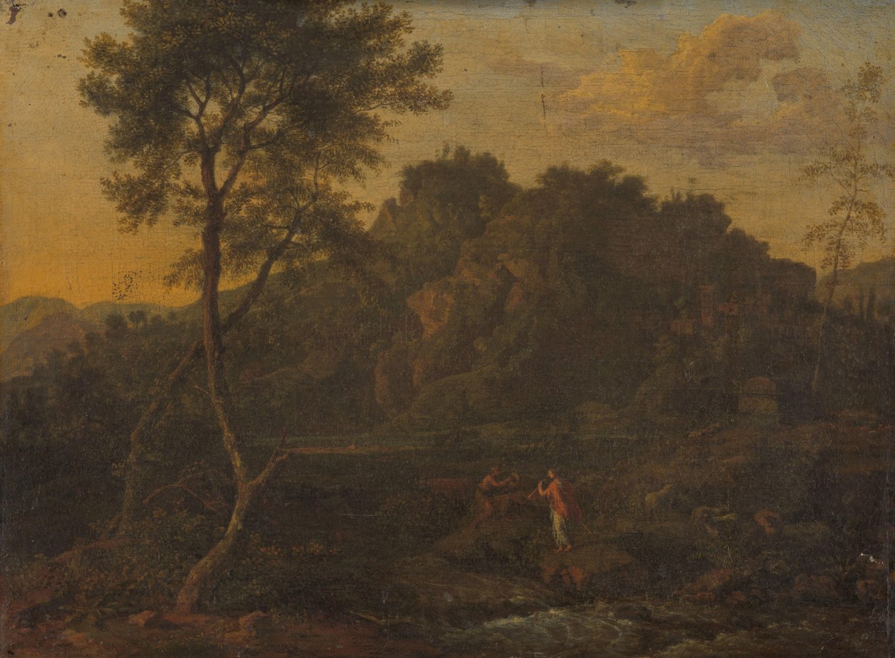 Nimfa i pasterz tworzący muzykę w krajobrazie autorstwa Abraham Genoels (attributed to)