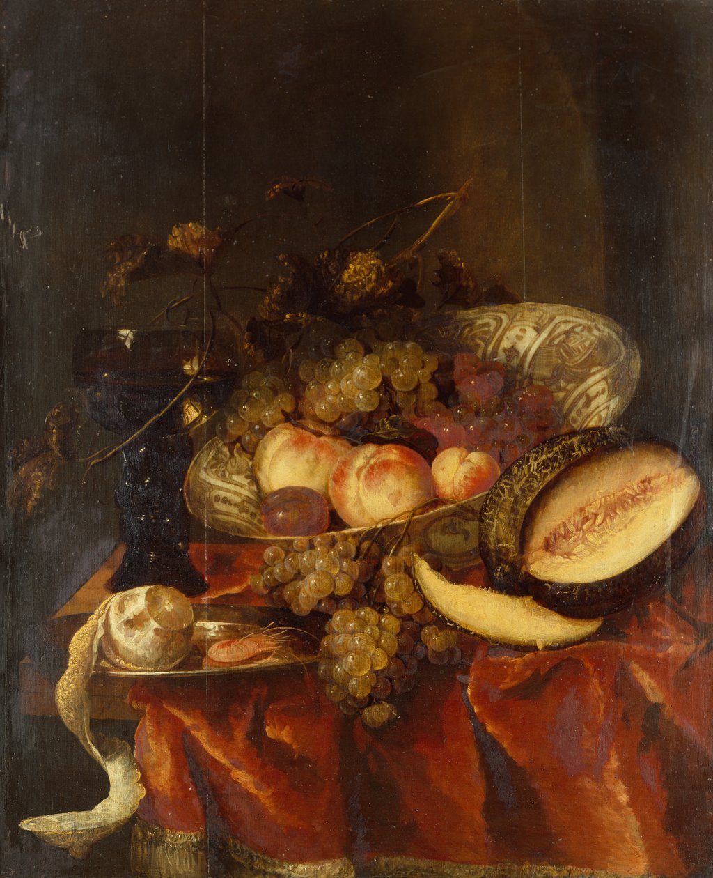 Owoce w misce porcelanowej Wanli Kraak z talerzem szklanym, melonowym i cynowym (olej) autorstwa Abraham Hendricksz van Beyeren