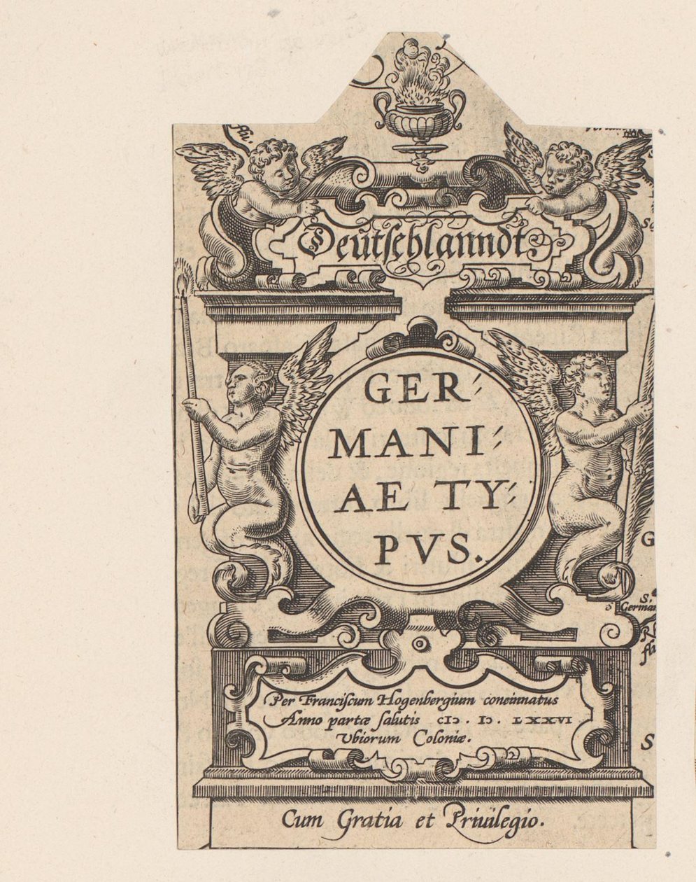 Kartusz spotkał się z vier putti Kartusz van een kaart van Duitsland Niemcy Rodzaj Niemiec (tytuł na przedmiocie) Theatrum Orbis Terrarum (tytuł serii) autorstwa Abraham Hogenberg