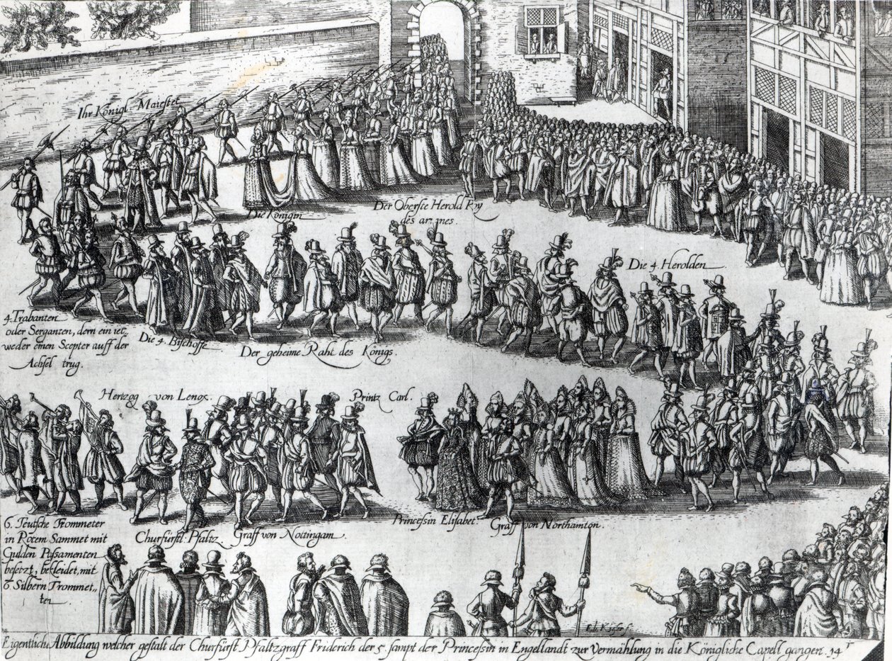 Procesja na ślub Fryderyka V, elektora palatyna i księżnej Elżbiety, ok. 1613 autorstwa Abraham Hogenberg