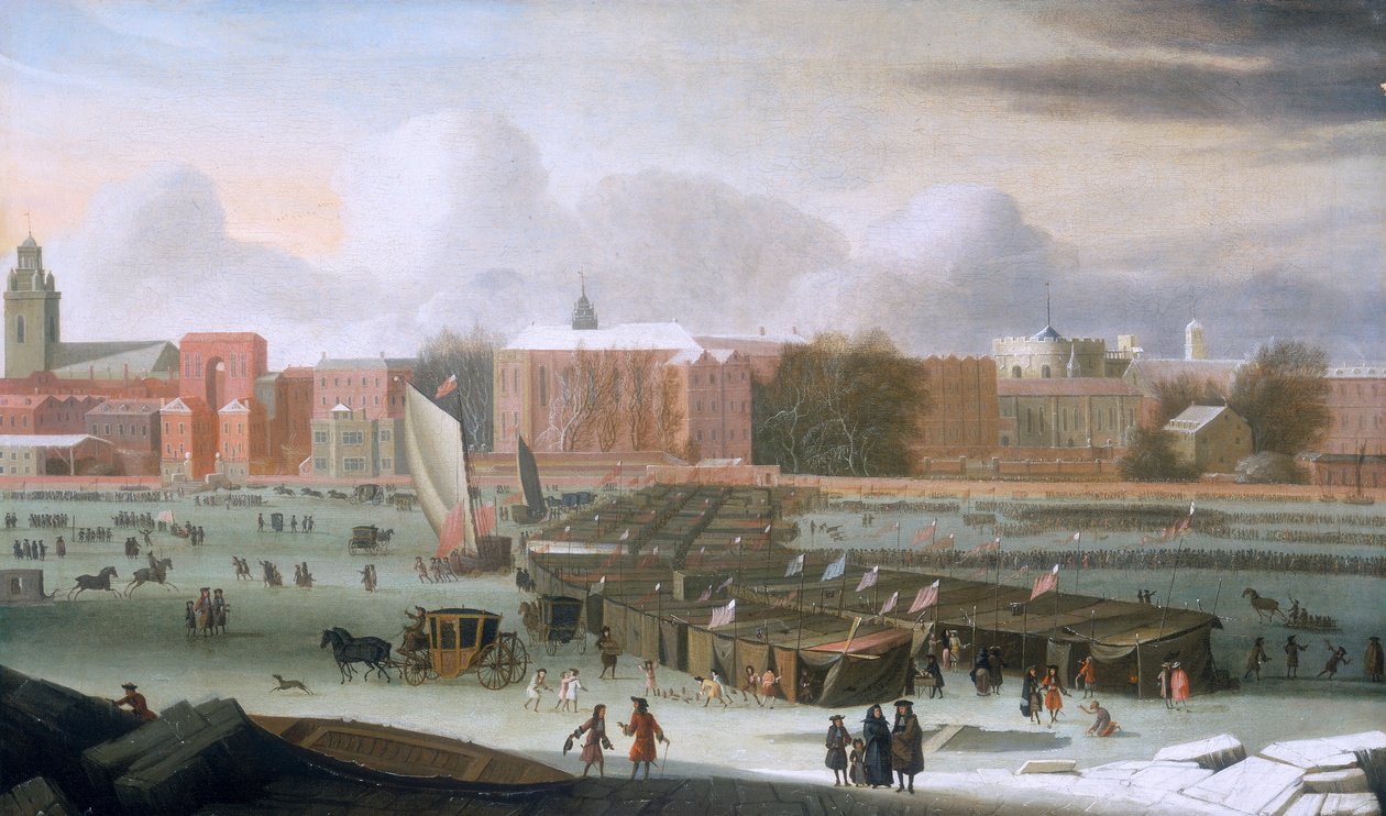 „Frost Jarmark nad Tamizą na schodach świątynnych”, ok. 1684. autorstwa Abraham Hondius