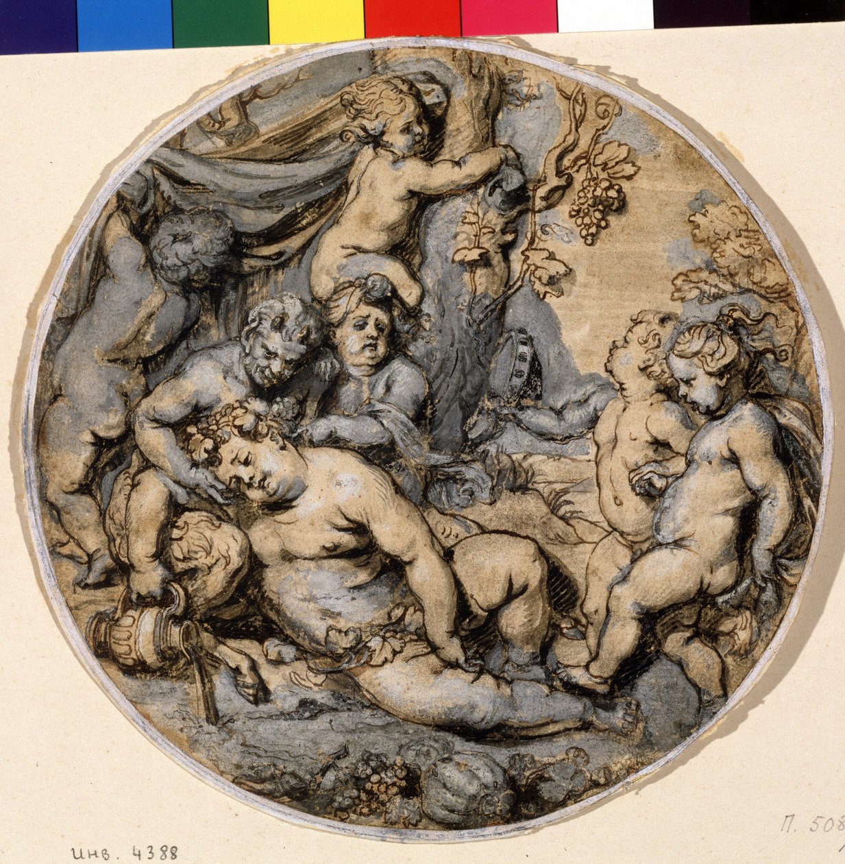 ""Bacchus endormi"" (Śpiący Bachus) Otaczają go putta, satyr Rysunek tuszem Abraham Jansz van Diepenbeeck (1596-1675) XVII-wieczne Muzeum Puszkina, Moskwa autorstwa Abraham Jansz. van Diepenbeeck