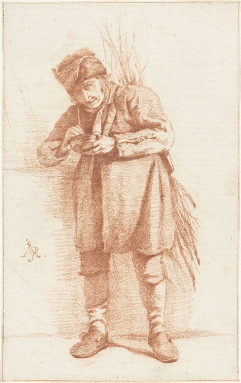 Stojący mężczyzna z fajką i garstką pedałów autorstwa Abraham Johannes Ruytenschildt