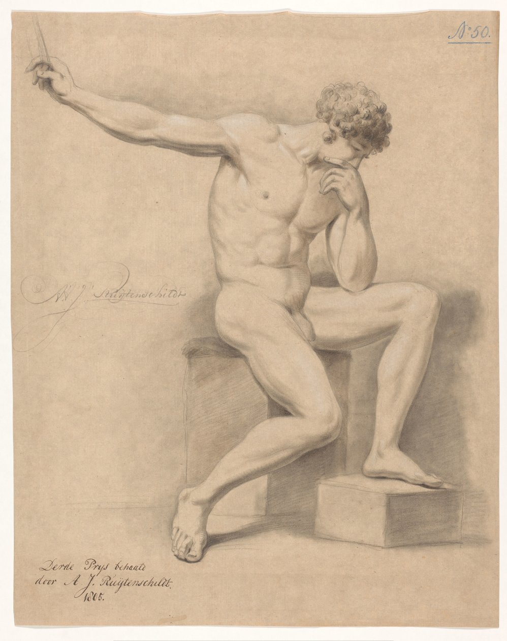 Siedzący mężczyzna nago, widok z przodu (3. nagroda 1805) autorstwa Abraham Johannes Ruytenschildt